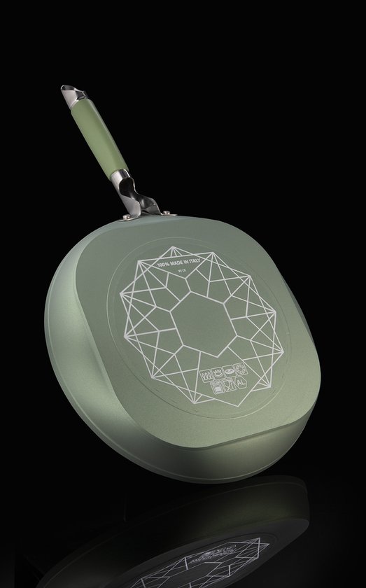 Lichtgroene grillpan, onderkant met geometrisch patroon en tekst '100% MADE IN ITALY'.