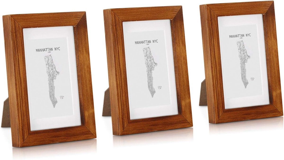 Set van 3 fotolijsten - staand en wandmontage - 14 x 9 cm - echt glas en hout