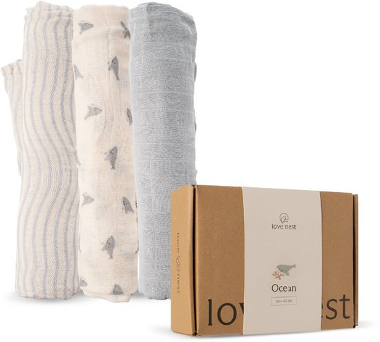 Lingettes hydrophiles Love Nest Ocean – 120 x 120 cm – Set de 3 – Tetra Cloths Bébé – Ultra douces et absorbantes – Pour Garçons et Filles – Cadeau de maternité