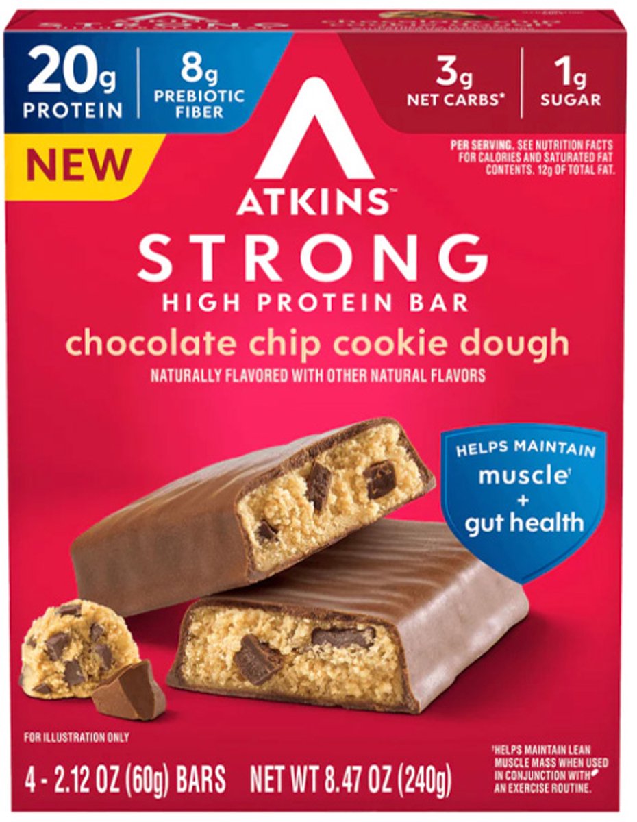 Atkins | Strong High Protein Bar | Chocolate Chip Cookie Dough | Doos | 4 x 60 gram