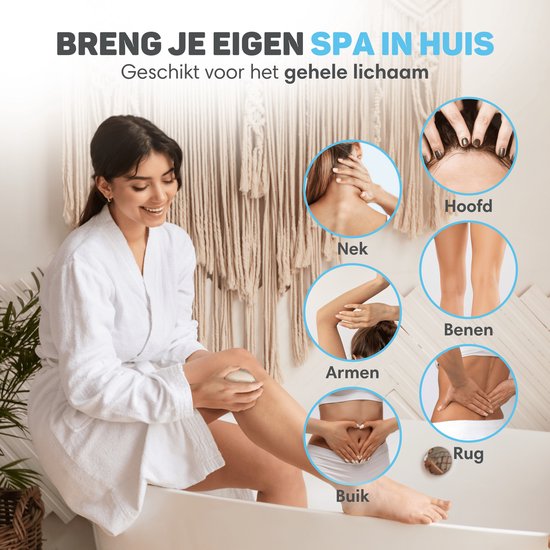 Vrouw in badjas bij een bad, met cirkels die lichaamsdelen laten zien: hoofd, nek, armen, buik, benen, rug.