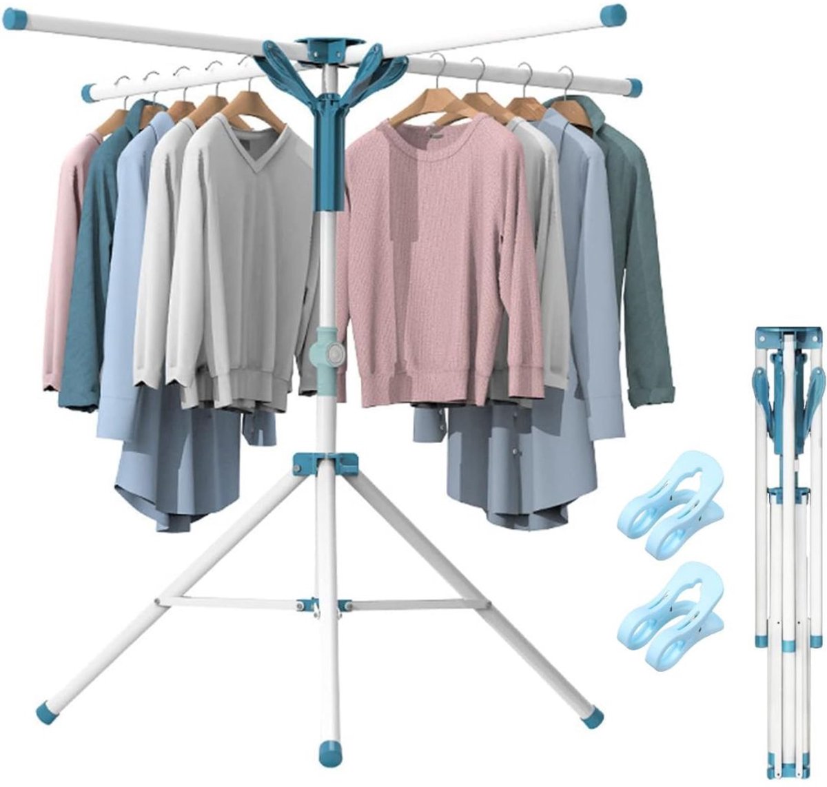 CRLYN® Droogmolen met Voet voor Camping & Thuis - Wasrek Staand - Droogrek Inklapbaar - Wit en Blauw