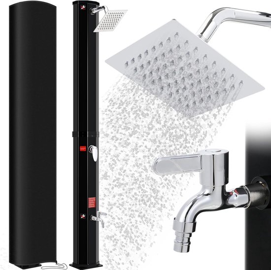 Zonnedouche, tuindouche op zonne-energie, incl. 360° douchekop, kraan, tuinslangaansluiting en beschermkap, zwembaddouche camping, warm water, tot 60 °C, zonder stroomaansluiting (zwart, 40L) HMTM-KR-109