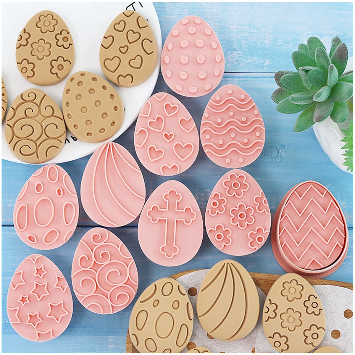 Uitsteekvormen en Stempels - Paaseitjes - Set van 8 - 8 Uitsteekvormen + 8 Stempels - Koekjes Vormen - Cookie Cutter - Cookie Mould - Kinderen - Bakken - Cadeau - Pasen - Happy Easter - Paasei - Vrolijk Pasen