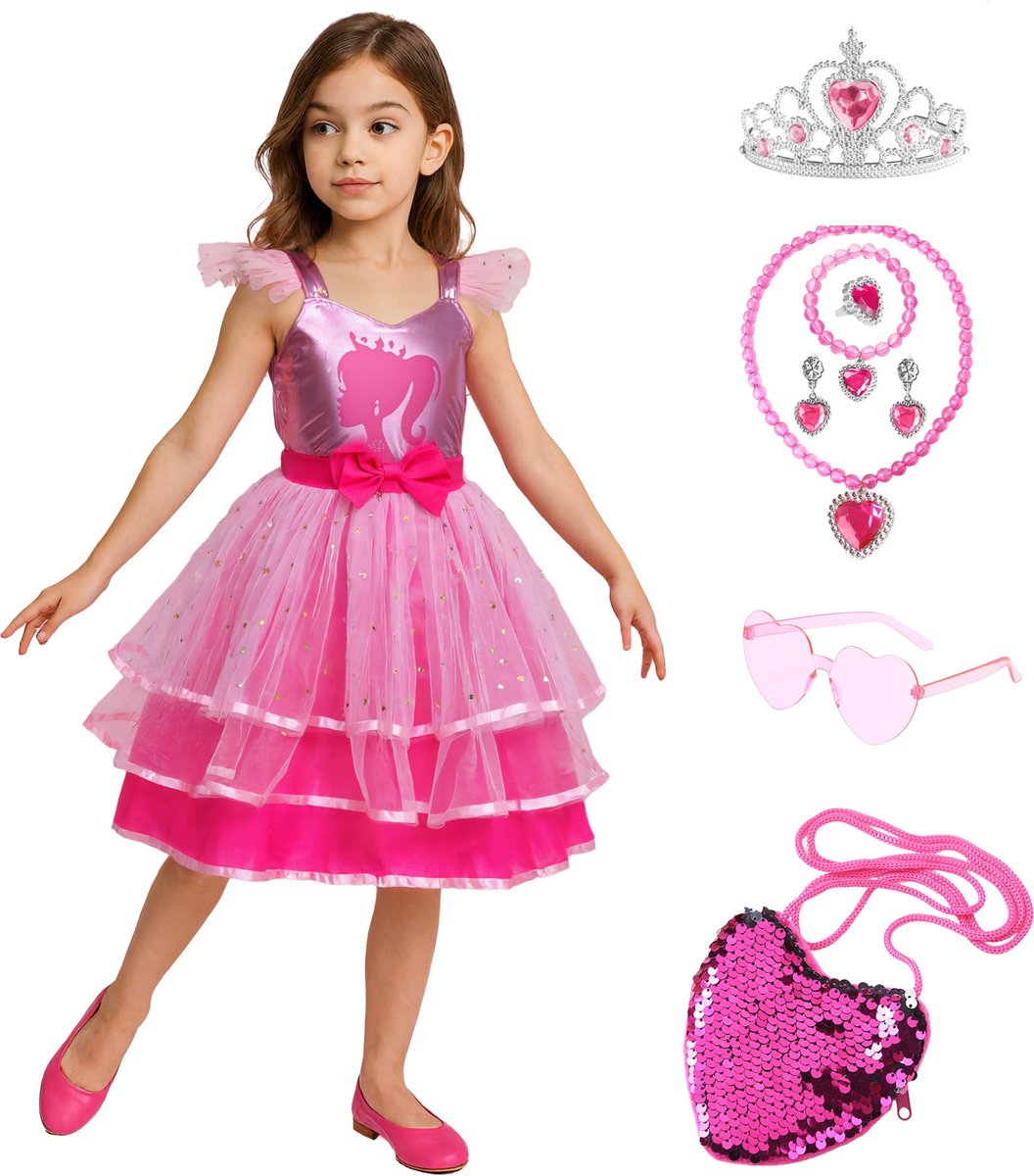 Joya Kids® Luxe Verkleedpop Prinsessenjurk | Verkleedjurk hard Roze Tule Rok | Halloween kostuum | Metallic Roze Strik | Carnaval kleding | Verkleed kostuum Jurk |