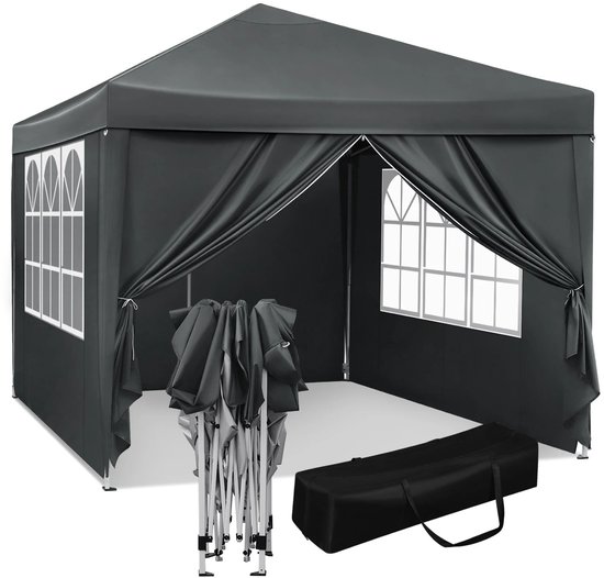 Tente de réception Easy Up - Tente de jardin - Auvent pliable avec Protection solaire imperméable et UV - Pavillon de camping avec sac de transport - Pliable - Imperméable - Tente avec parois latérales - Hauteur réglable - 3 x 3 m
