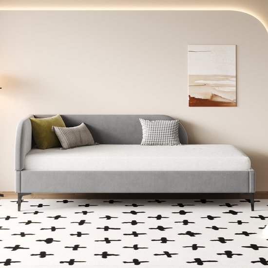 Slaapbank 90 X 200 Cm, Met Ledverlichting, Opbergvak En Multifunctioneel Stopcontact Metalen Frame Beige