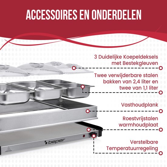 Beper - Warmhoudplaat - Buffet Warmer - Chafing Dish - Rechaud - Elektrisch - 2x2.4L & 2x1.1L - Roestvrij Staal — afbeelding 4