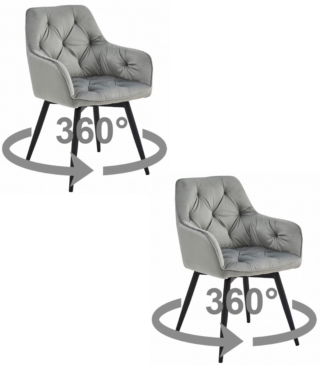 LEOBERT Set van 2 - Stoel JORK 360 - Zilvergrijs Velvet - Zwarte Metaalpoten - Luxe Eetkamerstoel - Fauteuil - Met Armleuning - 360° Draaibaar - Modern Design - Elegant en Comfortabel voor Woonkamer, Keuken of Eetkamer - Max. 110 kg