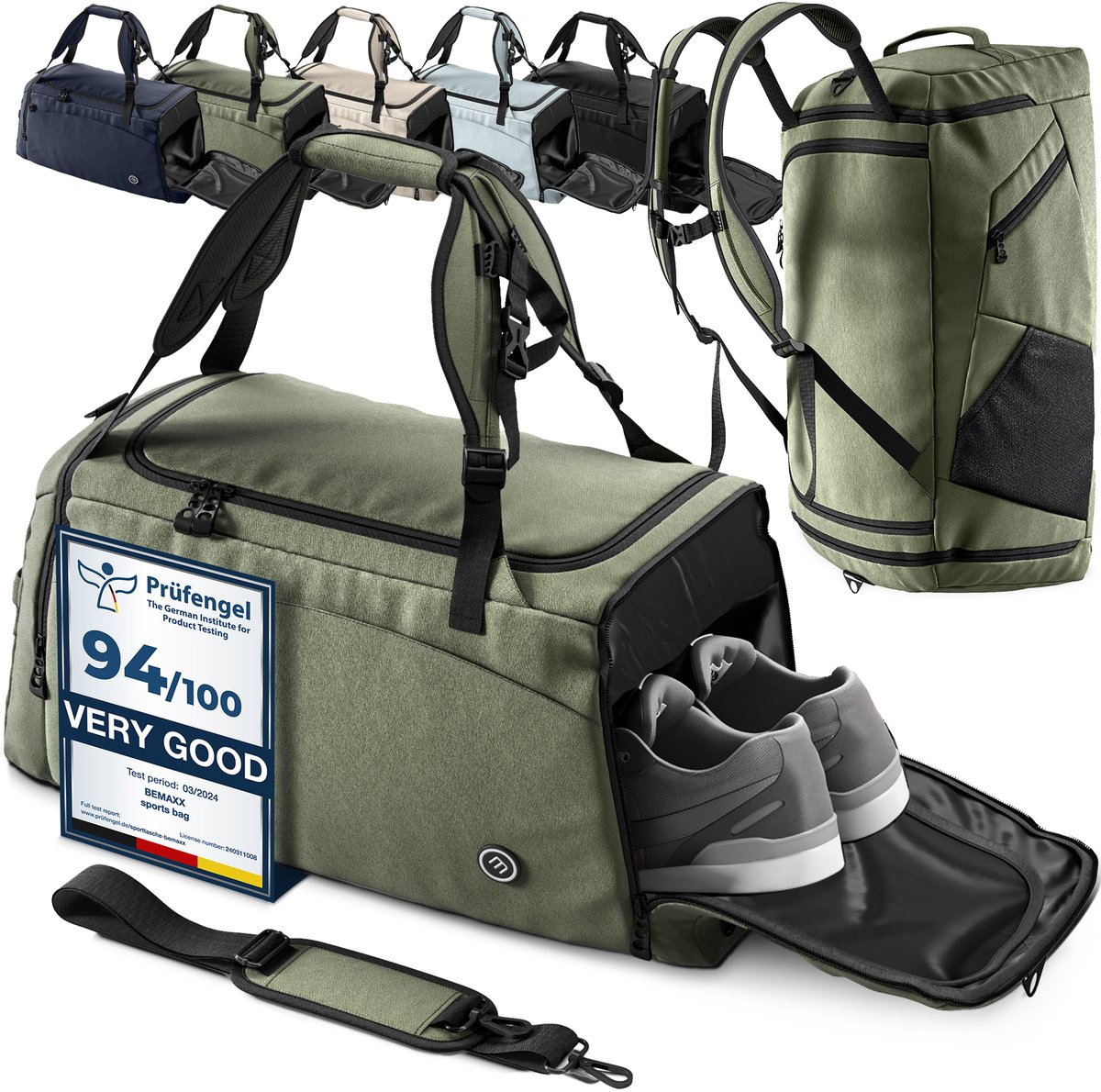 bemaxx Sporttas Gymbag Reistas 40L / 60L | Trainingstas met Rugzak-Functie Schoenencompartiment Vak voor natte Kleding | Sportrugzak Fitness Tas Weekender Zwemtas Duffelbag Sportzak Fitnesszak Sportbag Heren - 60L, Groen