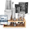 VINENCO cocktailshaker set met houten standaard en receptenboek, met 'Prüfungel 97/100 VERY GOOD' keurmerk.