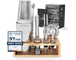 VINENCO Cocktailshaker Set Boston met Houten + Recepten Boek
