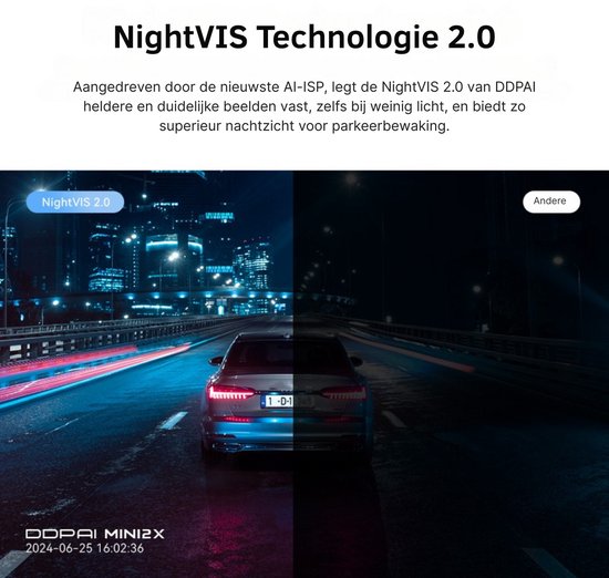 Vergelijking van 'NightVIS 2.0' dashcam beelden: links helder met stadslicht, rechts donker.