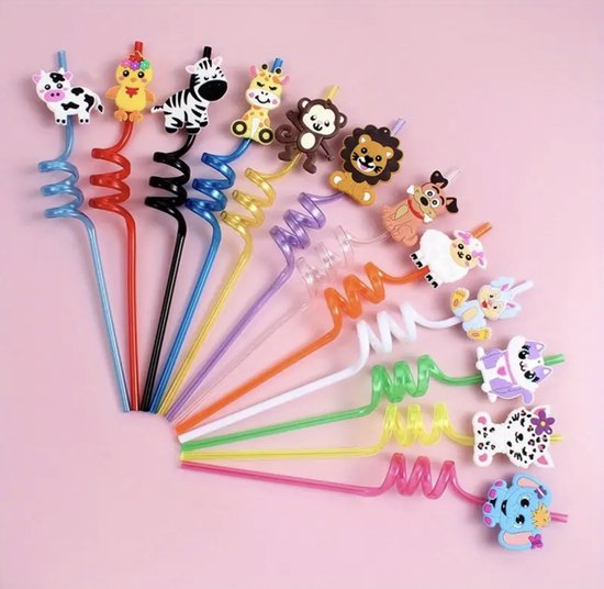 Rietjes voor kinderen, 10 stuks, dierenbos met 2 borstels, kleurrijke plastic rietjes, gebogen, herbruikbaar, voor verjaardagsfeesten, familiebijeenkomsten