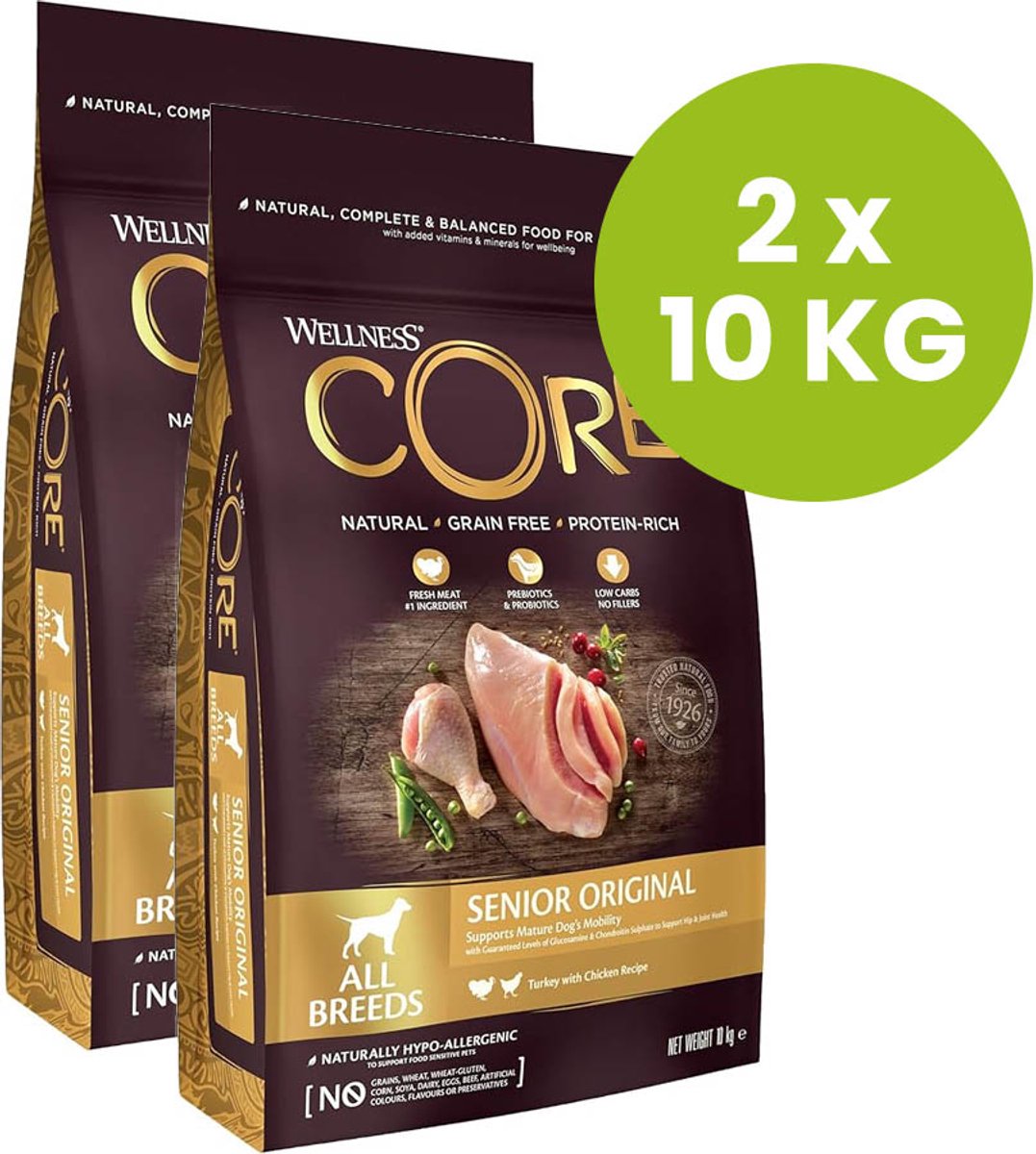 Wellness Core Wellness Core Grain Free Dog Senior Original Kalkoen&Kip - 2x 10 kilo = 20 kilo