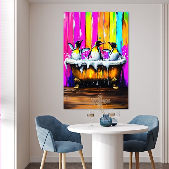 Poster 80x120 cm - Pinguïns - Badkuip - Kleurrijk - Schuim - Posters - Kamer decoratie - Wanddecoratie woonkamer - Muurdecoratie slaapkamer
