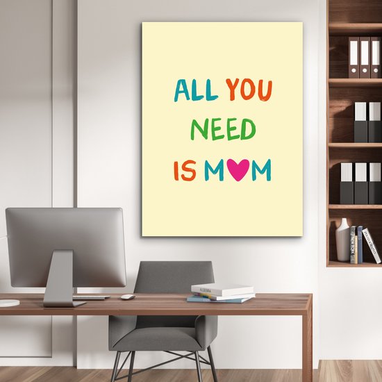 Lichtgele poster met de tekst 'ALL YOU NEED IS MOM' in kleurrijke letters, hangend in een kantoorruimte.