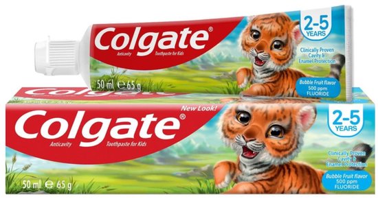 Dentifrice Colgate 2-5 ans avec illustration de tigre et texte 'Bubble Fruit 500 ppm Fluoride'.