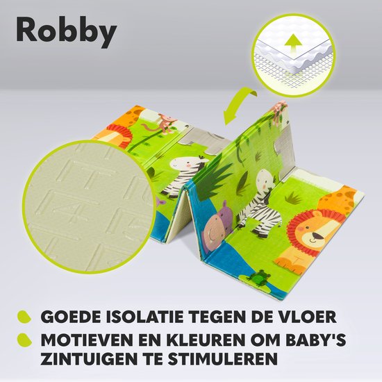 Gevouwen speelkleed met safari dieren. Motieven stimuleren zintuigen. Goede isolatie.