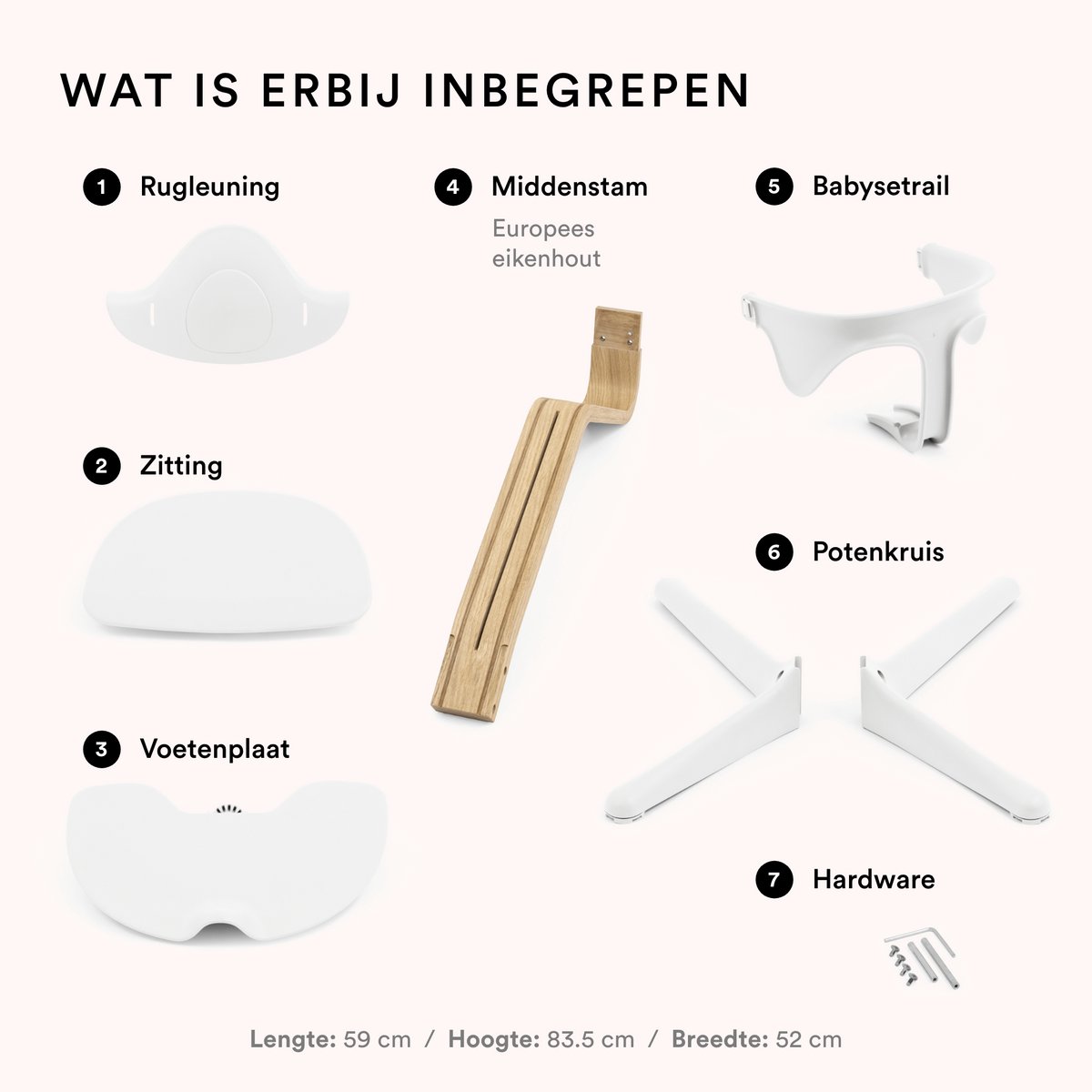 Stokke Nomi stoel (eiken wit) met babyset (wit) - Stimuleert actief zitten en biedt ondersteuning als je baby leert zitten - Kan tot 150 kg dragen – foto 7