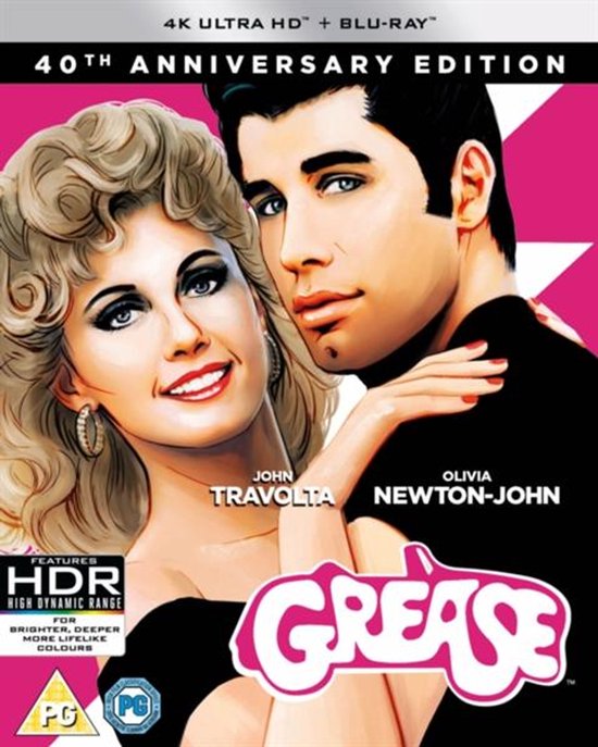 40th Anniversary Edition "Grease" 4K Ultra HD + Blu-ray cover met John Travolta en Olivia Newton-John.