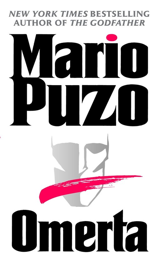 Couverture du livre 'Omerta' de Mario Puzo, avec un visage stylisé et une bande rouge.