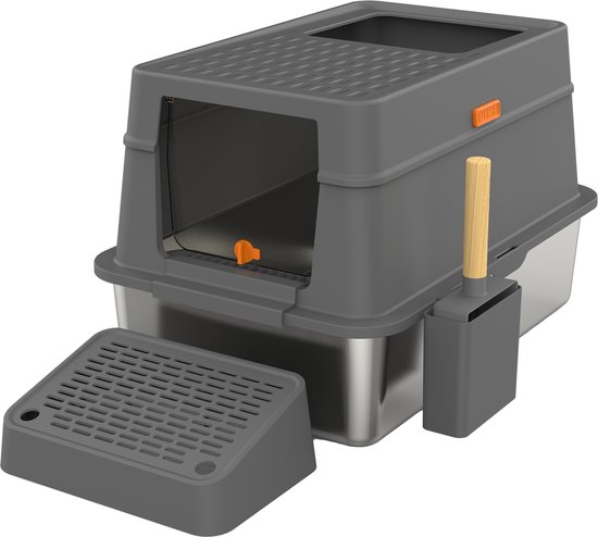 Bac à litière pour chat Cellavi en acier inoxydable - Convient aux grands et petits Chats - Incl. Pelle à litière et collecteur de sable pour chat - Grijs - 60x40x38 cm