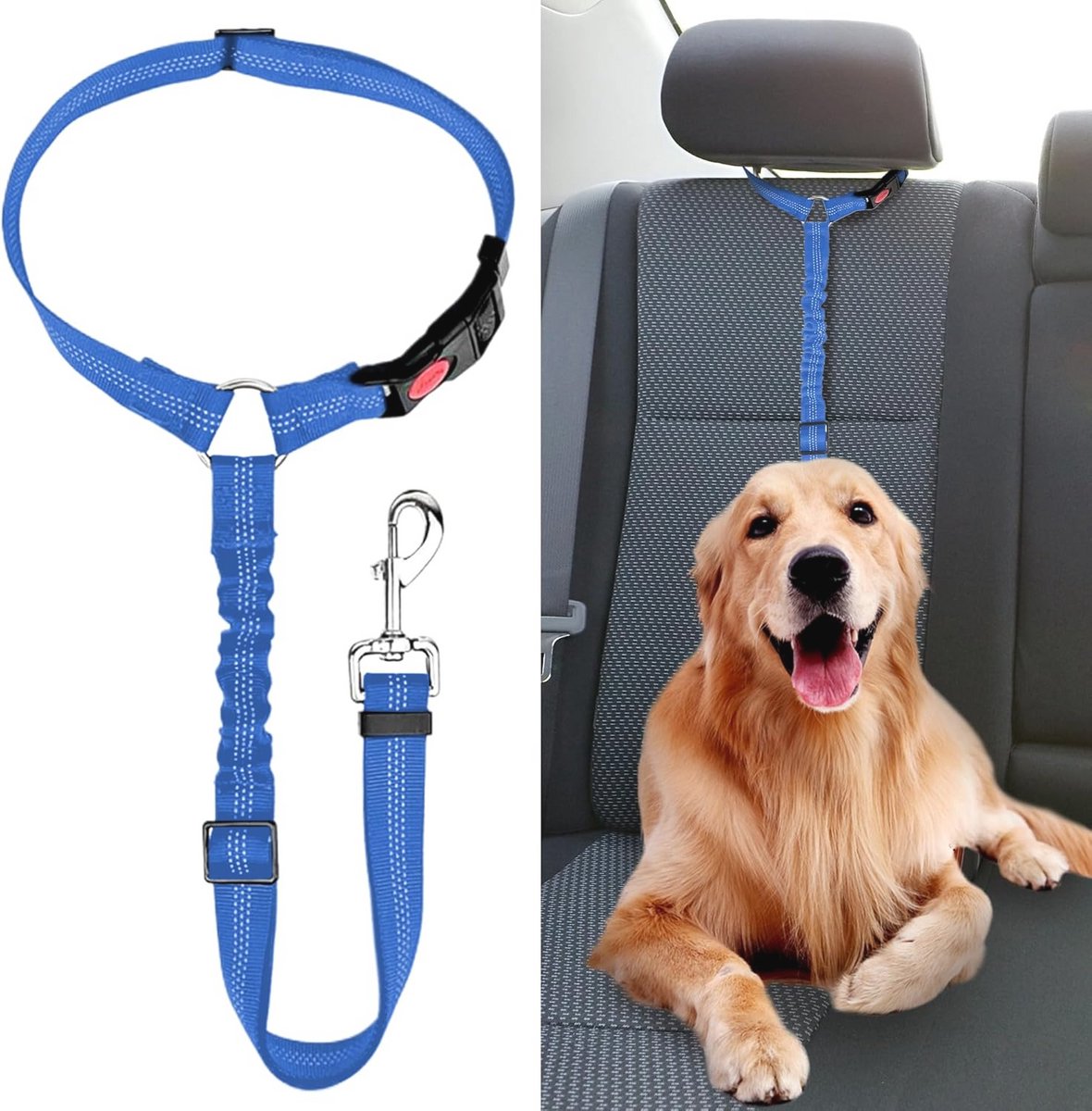 IOKHEIRA Veiligheidsgordel voor honden, drie in één hondenriem, verstelbaar, nylon, duurzaam, met elastisch kussen, schokbestendig, voor alle honden en katten