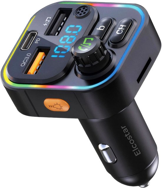 Elcostar FM Transmitter Bluetooth - 2025 model - Bluetooth transmitter - USB-C ladder 22.5W - Carkit - USB-A - SD Kaart - Bluetooth 5.3