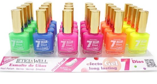Leticia Well - Set met 6 Flesjes Fris / Fluor / Neon Nagellak - Groen/Blauw/Fel Roze/Warm Fel Roze/Oranje/Geel - Inhoud per flesje 13 ml.