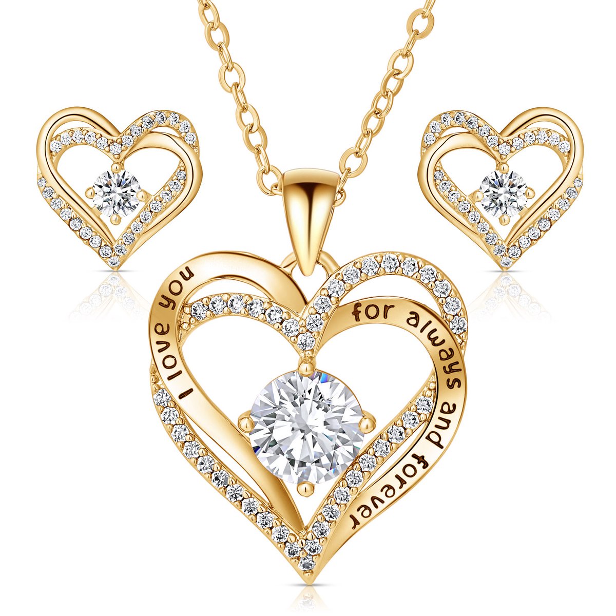 Juwelium Sieradenset + Flowerbox Geschenkset | Luxe Goldplated I Love You Hartjes Ketting en Oorbellen met Zirkonia | Perfect Cadeau voor Vrouw, Vriendin, Moeder, Dochter