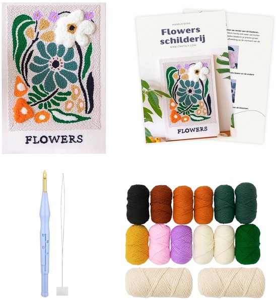 Overzicht van het Crafsly punch needle bloemenpakket: schilderij, handleiding, naald, garen en priktool.