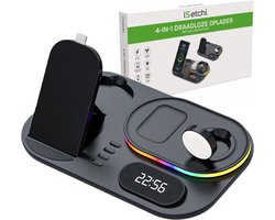 iSetchi 4-in-1 Draadloze Qi Oplader 15 Watt Snellader - LED Klok & LED Lamp - Qi Oplaadstation - Geschikt voor Apple & Samsung