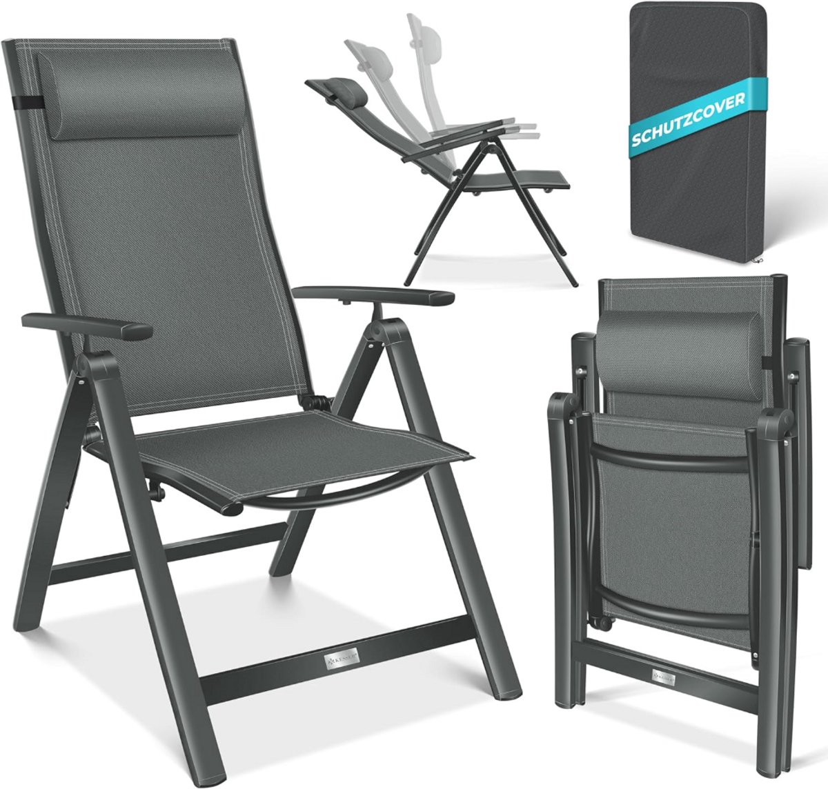 KESSER® Tuinstoel met Armleuningen | Opklapbare Aluminium Ligstoel incl. Hoofdkussen | Campingstoel 7-voudig Verstelbare Rugleuning | Ademend & Weerbestendig | Opvouwbaar & Antislip Antraciet