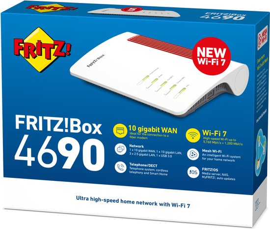 Doos van de FRITZ!Box 4690 met de router, 'NEW Wi-Fi 7' en specificaties zoals 10 Gbps WAN en ultra-high-speed home network.