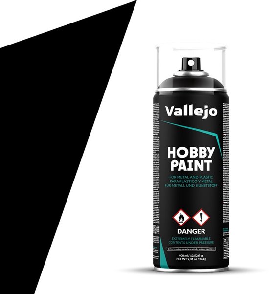 Aérosol de peinture hobby Vallejo. Noir avec texte blanc et turquoise.