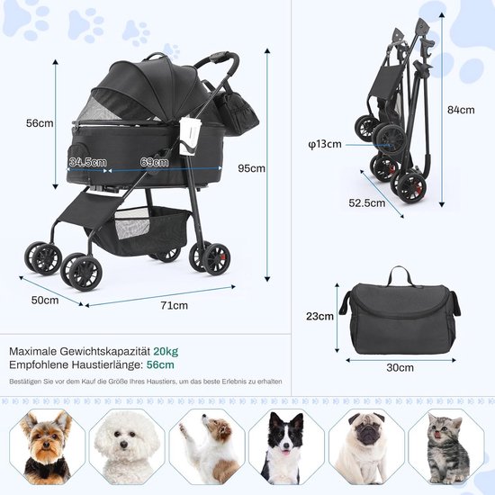MAMIZO Hundebuggy 3 in 1 bis 30 kg,Klappbar Hundebox Transporttasche,Tragbares Haustiernest,mit Umhängetasche, 360°Räder Pack,GroBzügiger Korb für kleine/Mittlere Hunde Katzen,OxfordStoff, Grau
