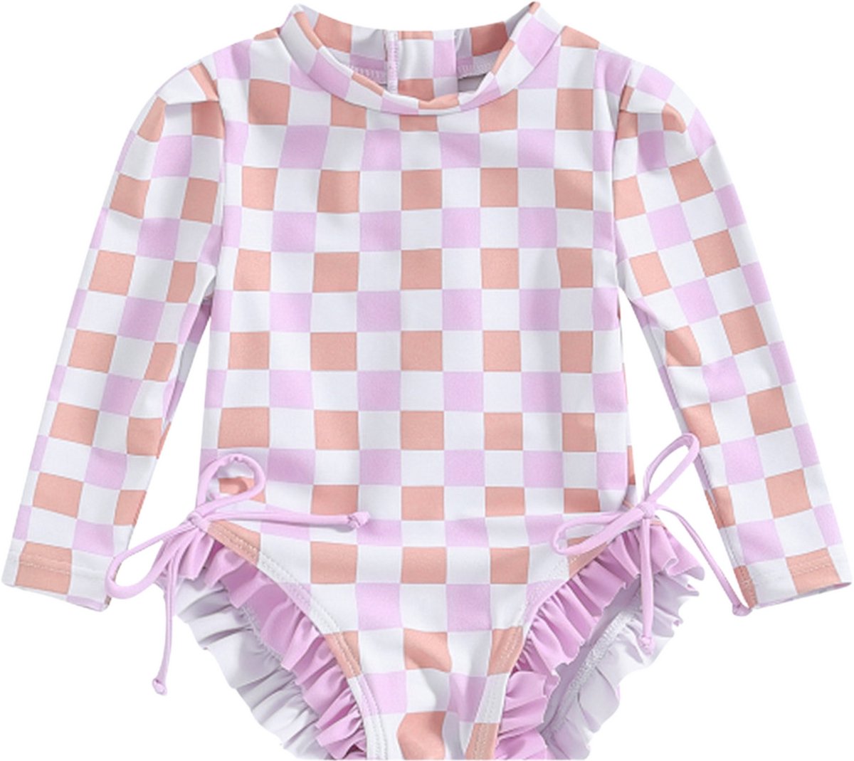 Joya Kids® Badpak Lange Mouw Lila, Roze en Wit Geblokt met Ruches en Strikjes Meisjes | Zwempak met ruches UV Badpak Lila en Roze | Zwempak Lange Mouw UV Bescherming Blokjes | Meisje Bikini Zomer | Kinderbadpak Peuter | — afbeelding 9