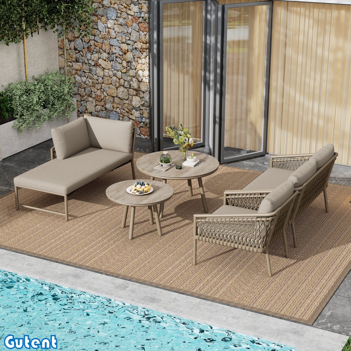 Gutent Tuin Loungeset - Touw Ontwerp - Handgeweven Touw - Inclusief alle zit- en rugkussens - Kaki