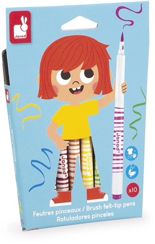 Verpakking met 10 Janod brush-tip pennen, met kindillustratie en gekleurde confetti.