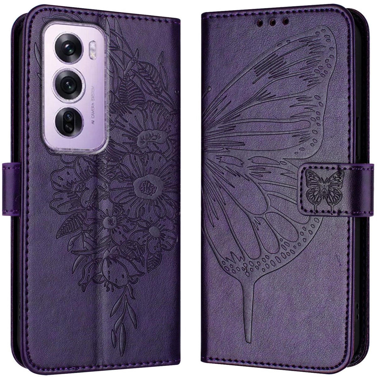 Mobigear Telefoonhoesje geschikt voor OPPO Reno 12 Pro Hoesje | Mobigear Butterfly Bookcase Portemonnee | Pasjeshouder voor 3 Pasjes | Telefoonhoesje voor Pinpas / OV Kaart / Rijbewijs - Paars