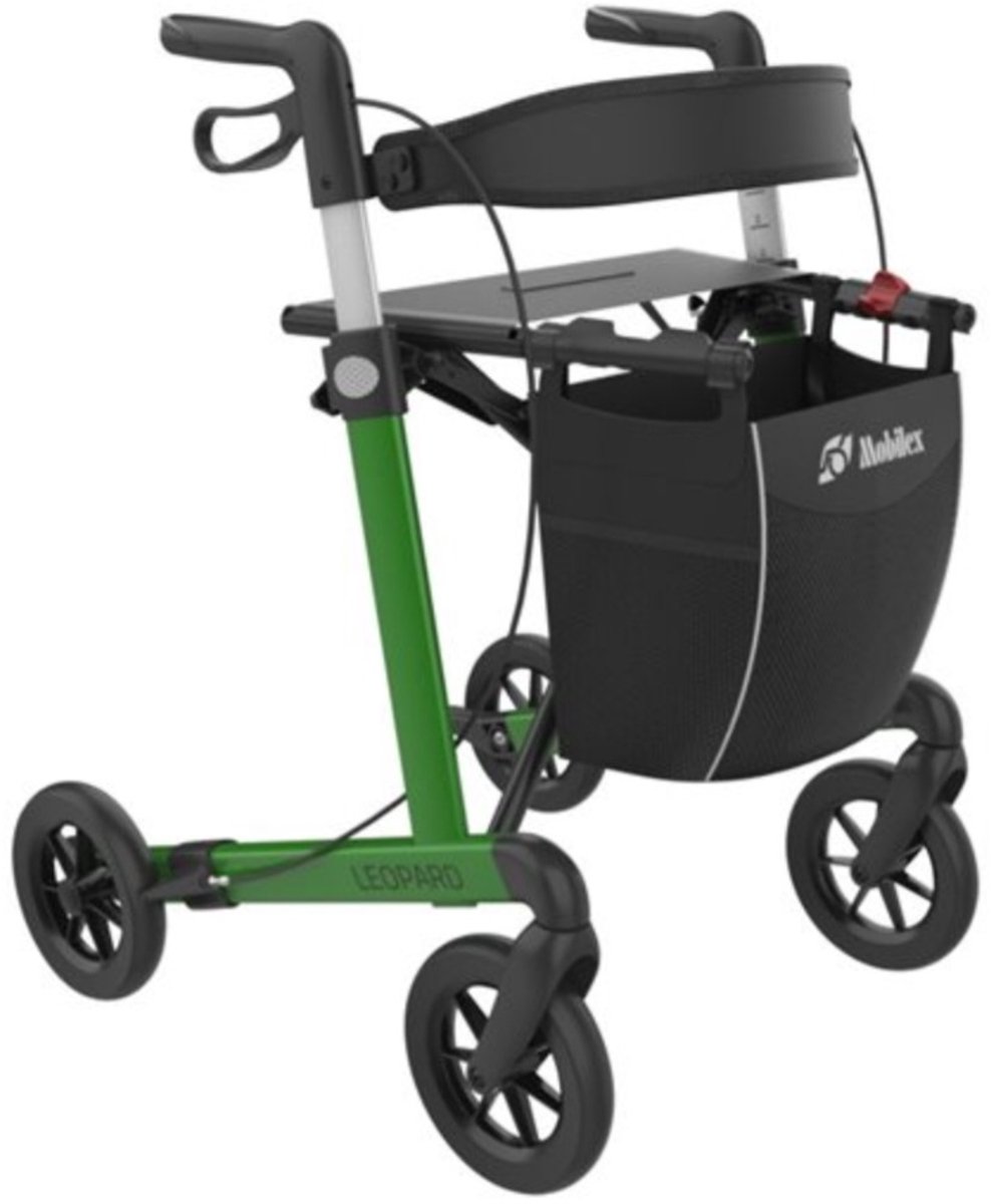 Mobilex Leopard - Lichtgewicht rollator - Comfort banden - Zithoogte 62 cm - Opvouwbaar - Inclusief tas, rugband en stokhouder - Groen