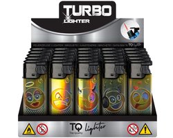 Tobaliq - Display 25 stuks- Turbo Aansteker - Design Smiley - Gasbrander - Aansteker - Navulbaar - Stormaansteker - Vuurwerk aansteker - BBQ - Gasaansteker