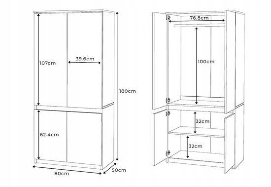 Diagram van een witte kledingkast met afmetingen.