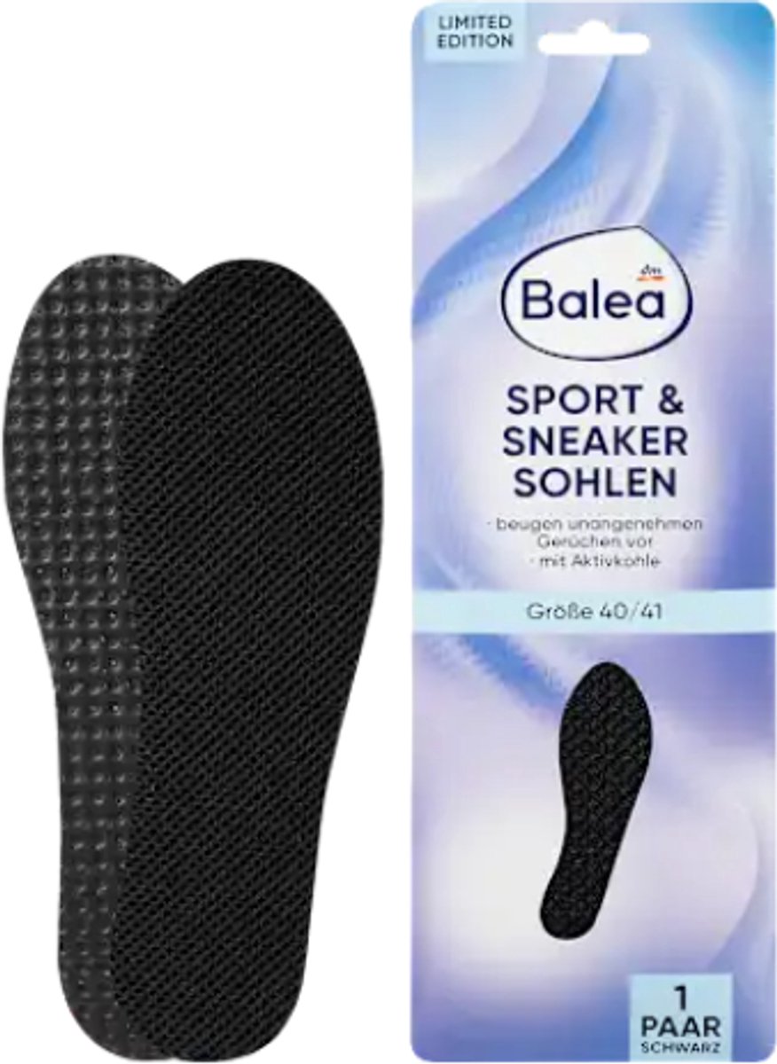Balea Sport & Sneaker Inlegzolen - Maat 40/41 - Zwart | 1 Paar Latexschuim-inlegzooltjes | Met Actieve Kool tegen Onaangename Geurtjes