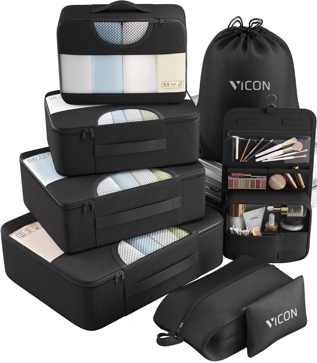 Vicon Packing Cubes 8-delig - Koffer / Backpack Organizer set - Baggage organizer met rits - Compression Cube - Travel Cubes - Reiszakken