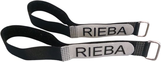 Twee zwarte broekklemmen met klittenbandsluiting en "RIEBA"-logo, deels om elkaar heen geslagen.