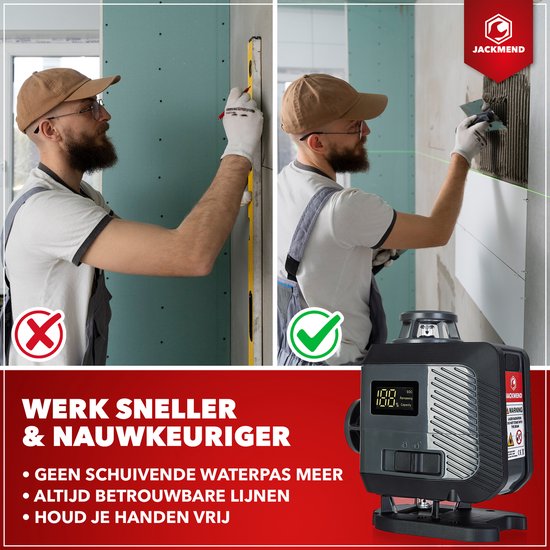 Man met laserwaterpas, werkt sneller en nauwkeuriger. Met Jackmend laser.