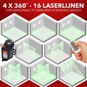 Illustratie van 4x 360° 16 laserlijnen in verschillende configuraties, bediend met een afstandsbediening.