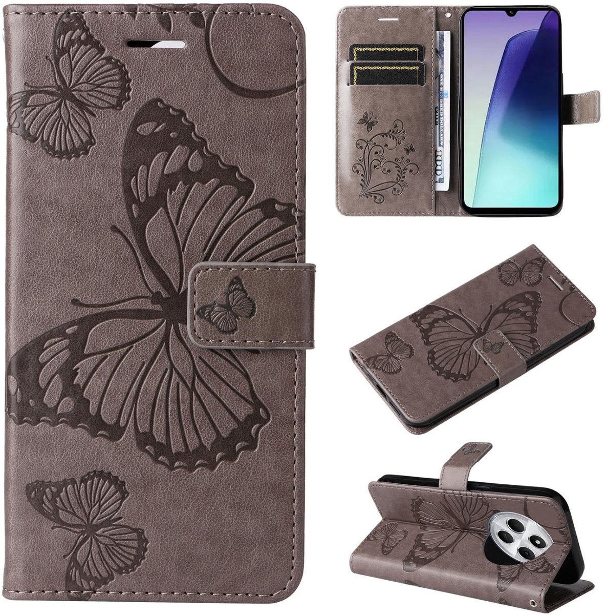 Mobigear Telefoonhoesje geschikt voor Xiaomi Redmi 14C Hoesje | Mobigear Butterfly Bookcase Portemonnee | Pasjeshouder voor 2 Pasjes | Telefoonhoesje voor Pinpas / OV Kaart / Rijbewijs - Grijs